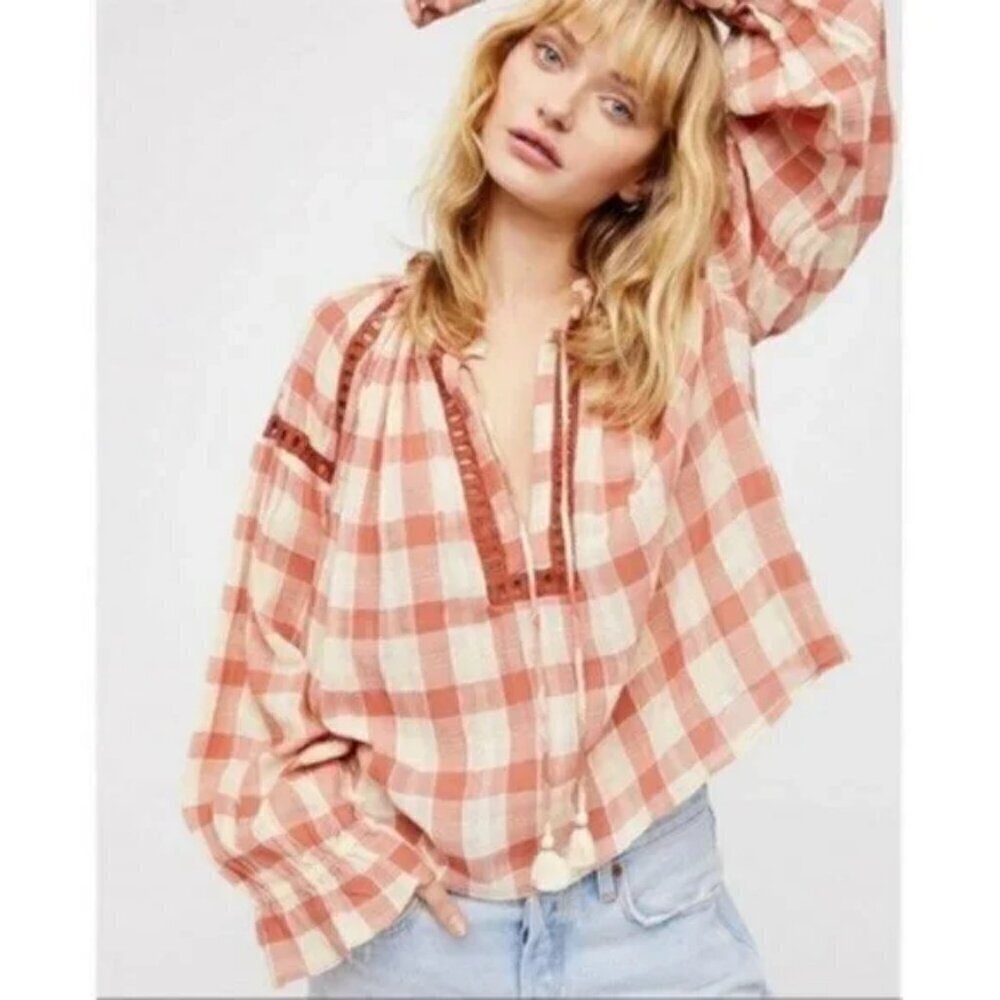 Free People Honey Grove Pink Gingham Peasant Top